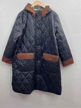 Barbour Black Quilted Coat with Brown Suede Trim and Hood size 3X